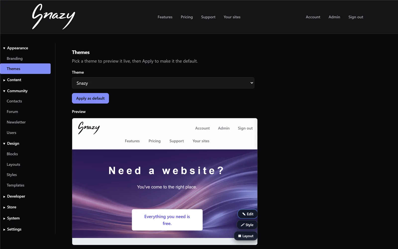 The Themes pane: pick a theme, preview it live against your real pages, apply when ready
