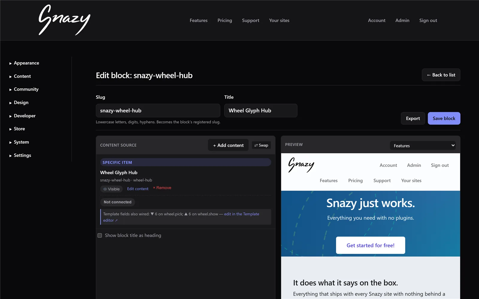 Editing a block: content source and settings beside a live preview of the page it lives on