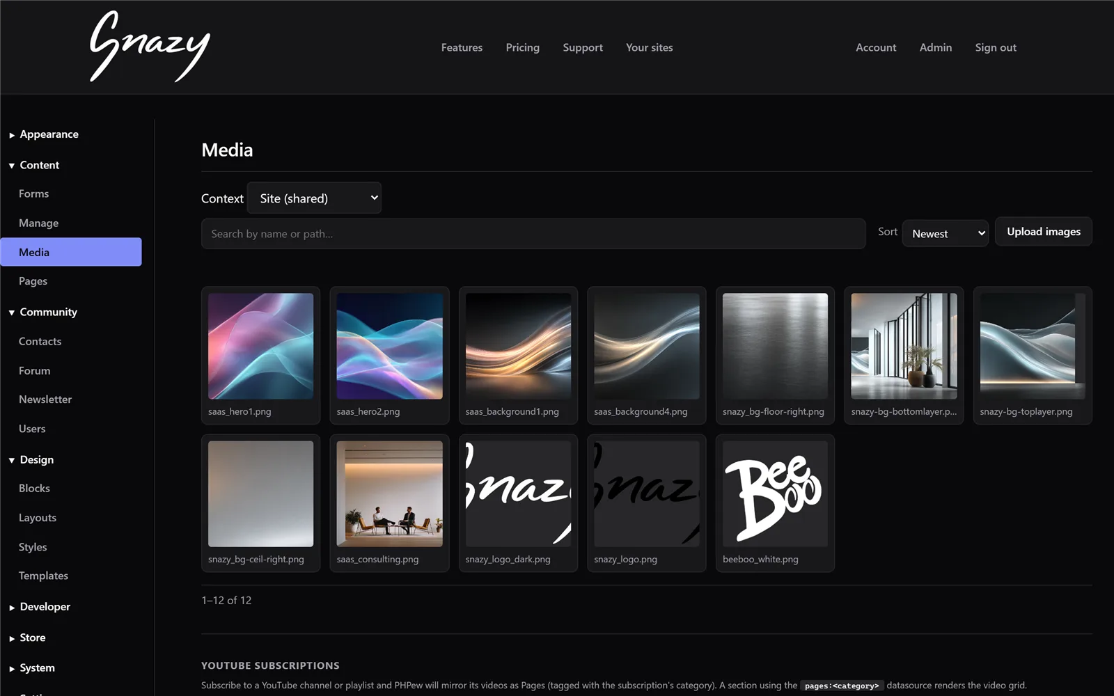 The Media library: your shared images, searchable and sortable, with drag-and-drop upload
