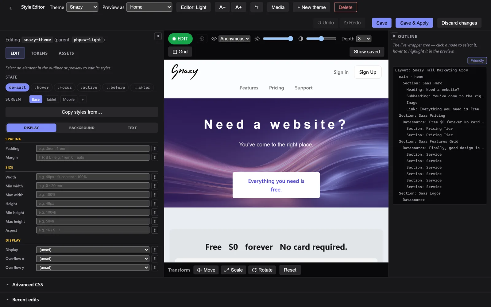 The Style editor: controls on the left, your live site in the middle, the element outline on the right